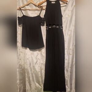 Lot of 2: sexy vintage black maxi dress & cold shoulder flowy top SZ 10